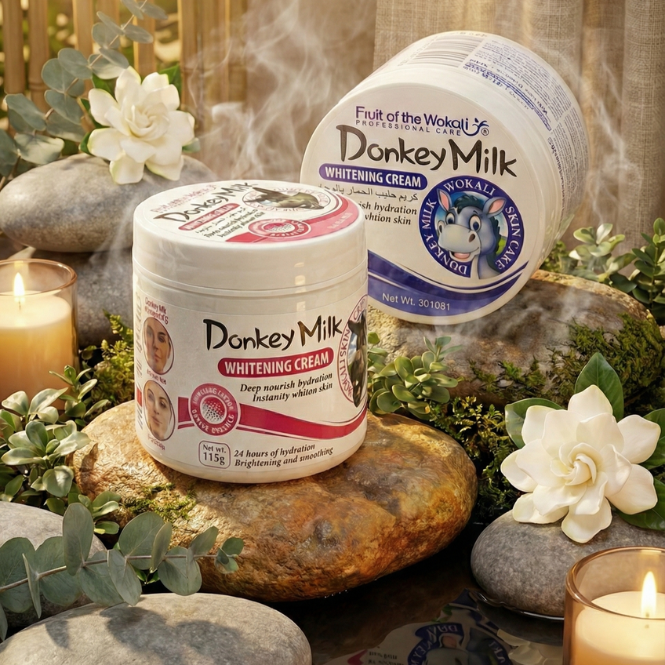 Donkey Milk Brightening Scrub and Face Cream displayed with spa stones for hydration