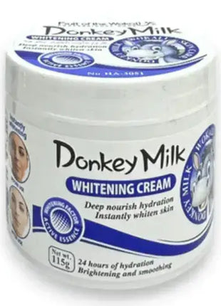 Donkey Milk Whitening Cream 115g container with a blue lid, promoting deep hydration and skin whitening.