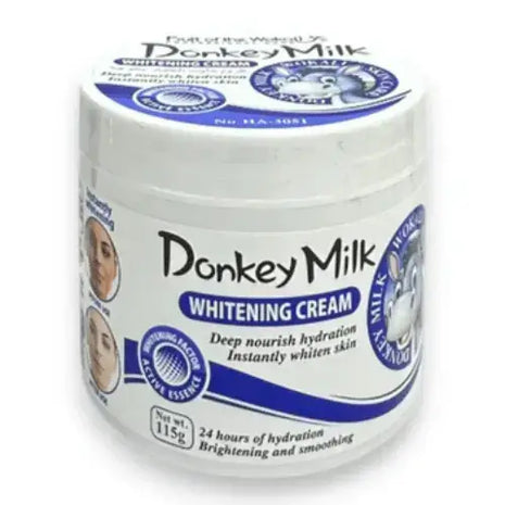 Donkey Milk Whitening Cream 115g container with a blue lid, promoting deep hydration and skin whitening.