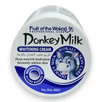 Donkey Milk Face Cream by Wokali 115g blue with moisturizing and whitening benefits, featuring a donkey graphic on the packaging.