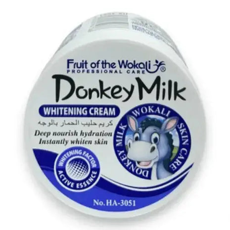 Donkey Milk Whitening Cream jar from Wokali for deep nourishment and instant skin whitening.