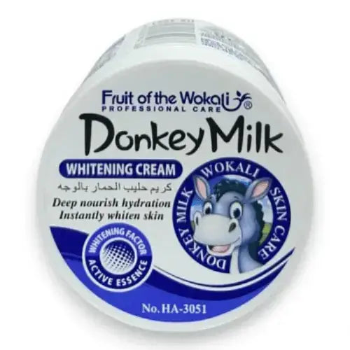 Donkey Milk Face Cream by Wokali 115g blue with moisturizing and whitening benefits, featuring a donkey graphic on the packaging.