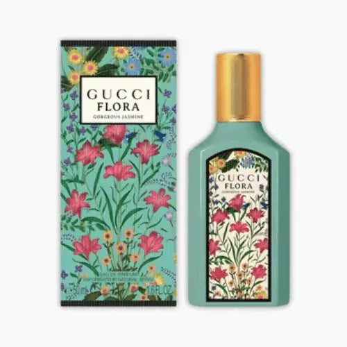 Gucci Flora Gorgeous Jasmine Eau De Parfum 50ml bottle and packaging featuring floral design.