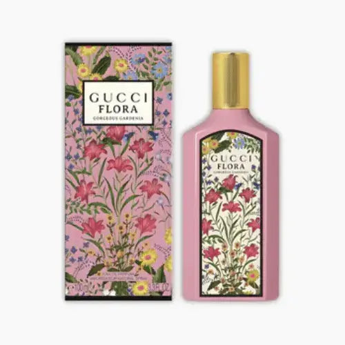 Gucci Flora Gorgeous Gardenia Eau De Parfum 100ml bottle and packaging features floral design.