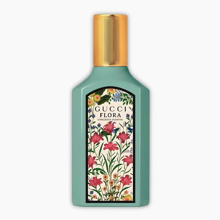 Gucci Flora Gorgeous Jasmine Eau De Parfum 50ml bottle and packaging showcasing floral design and vibrant colors.