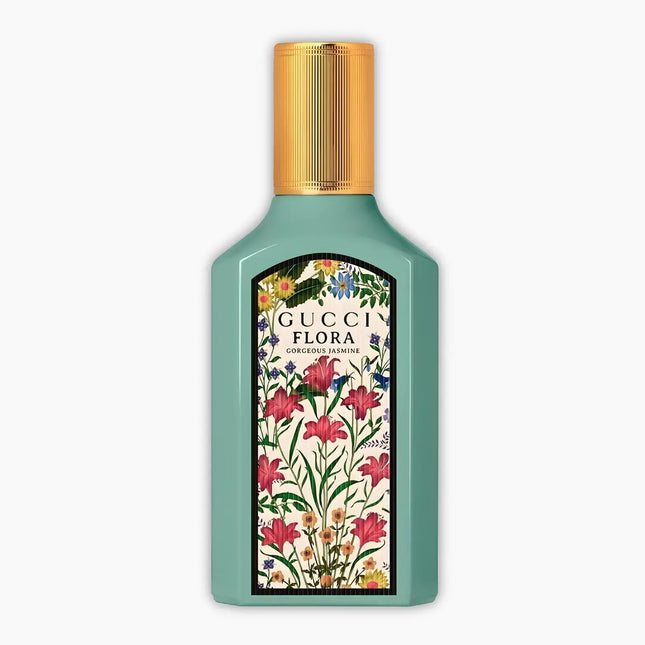 Gucci Flora Gorgeous Jasmine Eau De Parfum 50ml bottle and packaging showcasing floral design and vibrant colors.