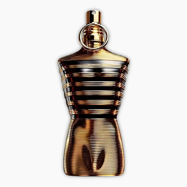 Jean Paul Gaultier Le Male Elixir Eau De Parfum 125ml bottle in metallic design with intricate lines.