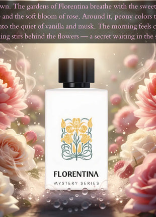 Nexpo Florentina Extrait De Parfum 100ml bottle surrounded by blooming peonies, roses, and sweet lychee fruits.