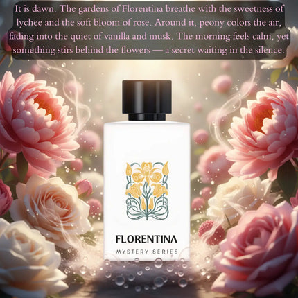 Nexpo Florentina Extrait De Parfum 100ml bottle surrounded by blooming peonies, roses, and sweet lychee fruits.