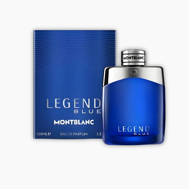 Montblanc Legend Blue Eau de Parfum 100ml bottle and packaging with a blue color scheme.