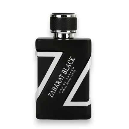 Zahrat Black Silver Eau De Parfum 100ml bottle with sleek design and metallic accents.