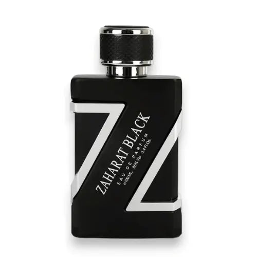 Zahrat Black Silver Eau De Parfum 100ml bottle with sleek design and metallic accents.