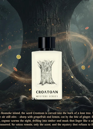 Nexpo Croatoan Extrait De Parfum 100ml bottle with mysterious tree background, part of the Mystery Series.