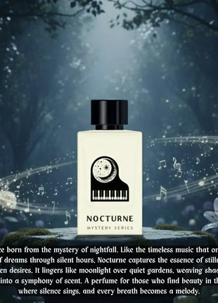 Nexpo Nocturne Extrait De Parfum 100ml bottle surrounded by a mystical forest and musical notes.