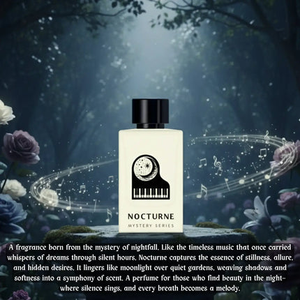 Nexpo Nocturne Extrait De Parfum 100ml bottle surrounded by a mystical forest and musical notes.