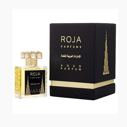 Roja Parfums Aoud United Arab Emirates 50ml fragrance bottle and box with Burj Khalifa design.