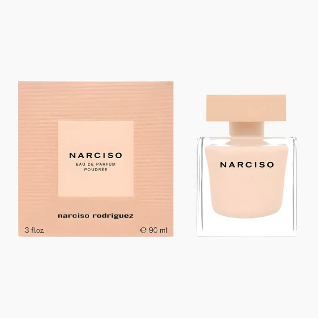 Narciso Rodriguez Poudree Eau De Parfum 90ml bottle and packaging on a white background.
