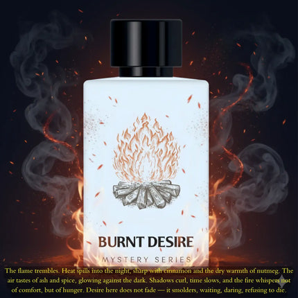 Nexpo Burnt Desire Extrait De Parfum 100ml bottle with a bonfire design, evoking warmth and passion.