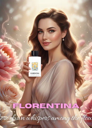 Nexpo Florentina Extrait De Parfum 100ml displayed among flowers with a serene model holding the fragrance bottle.