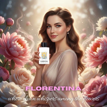 Nexpo Florentina Extrait De Parfum 100ml displayed among flowers with a serene model holding the fragrance bottle.