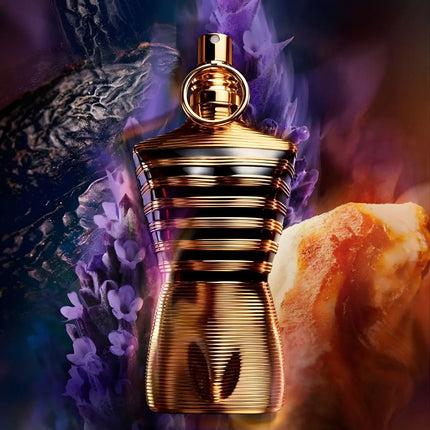 Jean Paul Gaultier Le Male Elixir Eau De Parfum 125ml bottle design showcasing aromatic elements and elegant curves.