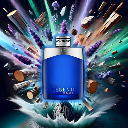 Montblanc Legend Blue Eau de Parfum 100ml in an artistic explosion of colors and elements, showcasing elegance and sophistication.