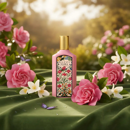 Gucci Flora Gorgeous Gardenia Eau De Parfum 100ml bottle surrounded by beautiful flowers and greenery.