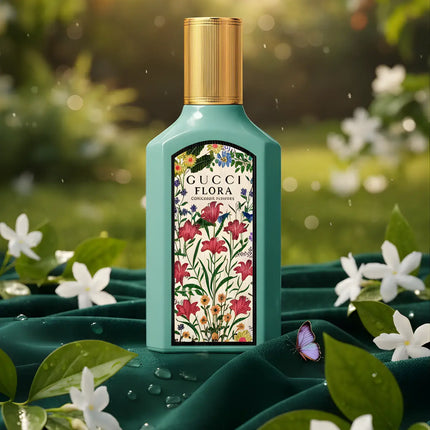 Gucci Flora Gorgeous Jasmine Eau De Parfum 50ml bottle and packaging showcasing floral design and vibrant colors.