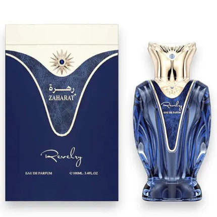 Zaharat Revelry Eau de Parfum 100ml bottle and box, featuring an elegant design and vibrant blue color.