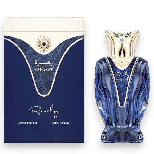 Zaharat Revelry Eau de Parfum 100ml bottle and box, featuring an elegant design and vibrant blue color.