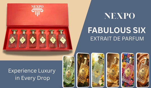 NEXP0 Fabulous Six Extrait de Parfum gift set showcasing luxury fragrances in elegant bottles.
