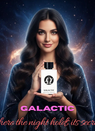Nexpo Galactic Extrait De Parfum 100ml held by a woman, showcasing the fragrance inspired by the cosmos.