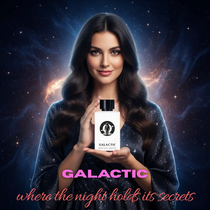 Nexpo Galactic Extrait De Parfum 100ml held by a woman, showcasing the fragrance inspired by the cosmos.