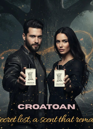 Nexpo Croatoan Extrait De Parfum displayed with models in a mystical setting, showcasing its captivating essence.
