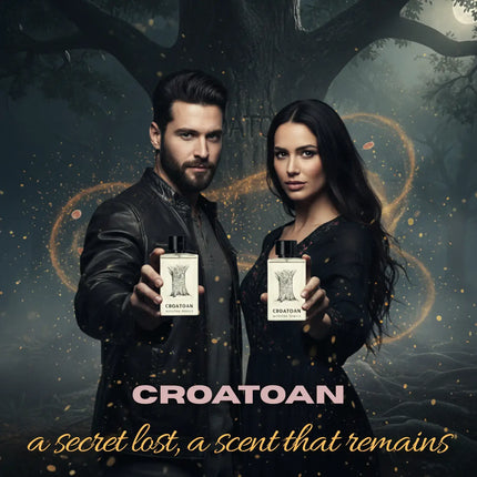 Nexpo Croatoan Extrait De Parfum displayed with models in a mystical setting, showcasing its captivating essence.