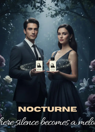 Nexpo Nocturne Extrait De Parfum shown being held by a couple in an enchanting floral setting.