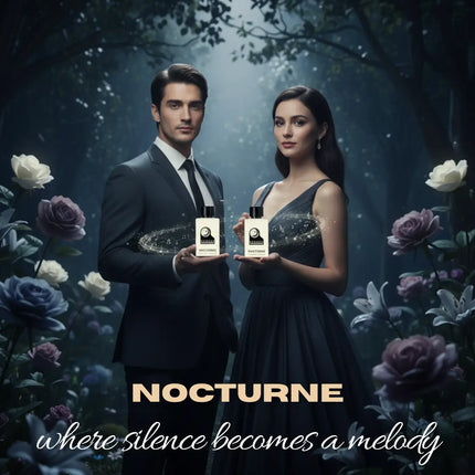 Nexpo Nocturne Extrait De Parfum shown being held by a couple in an enchanting floral setting.