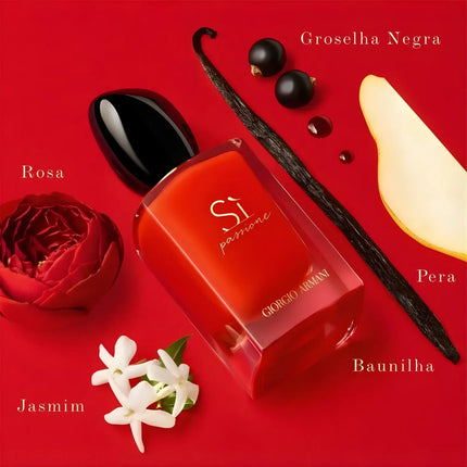 Giorgio Armani Si Passione Eau de Parfum bottle with floral and fruity notes on a bold red background.
