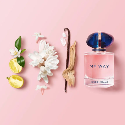 Giorgio Armani My Way Eau De Parfum Refillable with floral notes and citrus accents on pink background.