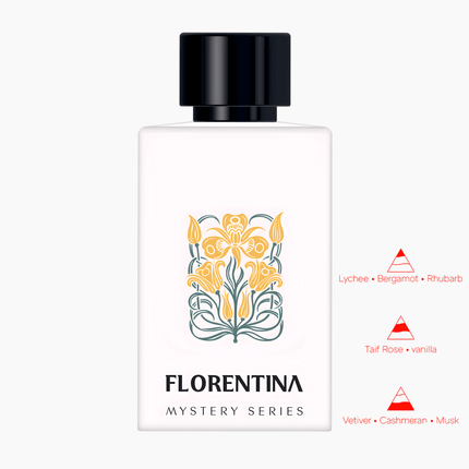 Nexpo Florentina Extrait De Parfum 100ml bottle showcasing floral artwork and fragrance notes including lychee and vetiver.