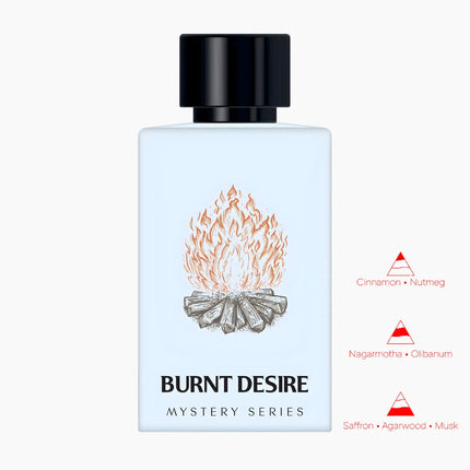 Nexpo Burnt Desire Extrait De Parfum 100ml bottle design featuring a flame and notes of cinnamon and nutmeg.