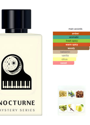 Nexpo Nocturne Extrait De Parfum 100ml bottle featuring main accords and notes like amber, vanilla, and fresh citrus.