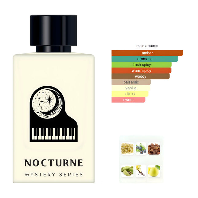 Nexpo Nocturne Extrait De Parfum 100ml bottle featuring main accords and notes like amber, vanilla, and fresh citrus.