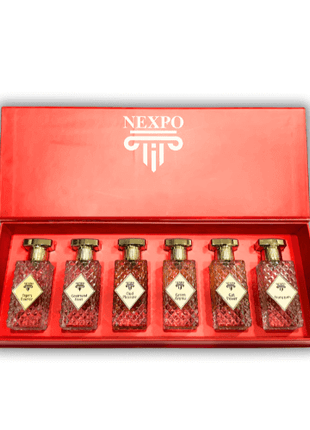 Nexpo Fabulous Six Extrait De Parfum Set 6 x 50ml in an elegant red box showcasing six distinct perfume bottles.