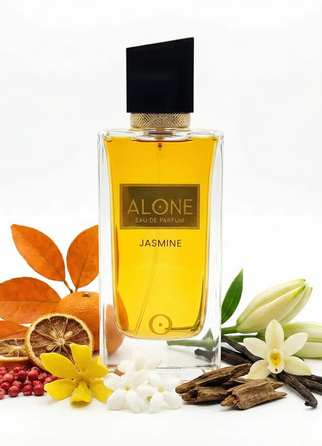 Alone Jasmine Eau de Parfum 80ml bottle with citrus and floral notes, showcasing its elegant design and rich color.