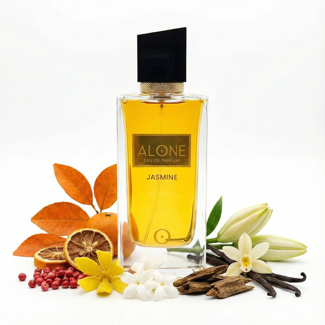 Alone Jasmine Eau de Parfum 80ml bottle with citrus and floral notes, showcasing its elegant design and rich color.