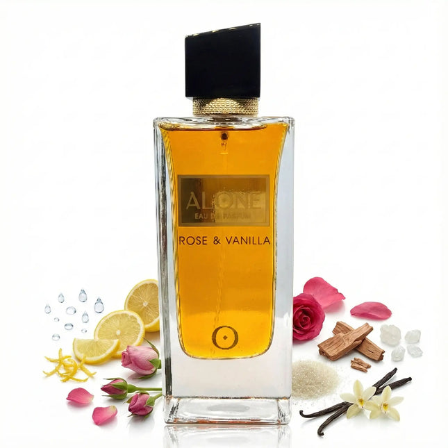 Alone Rose and Vanilla Eau de Parfum 80ml bottle with vibrant flowers and fruits arranged around it.