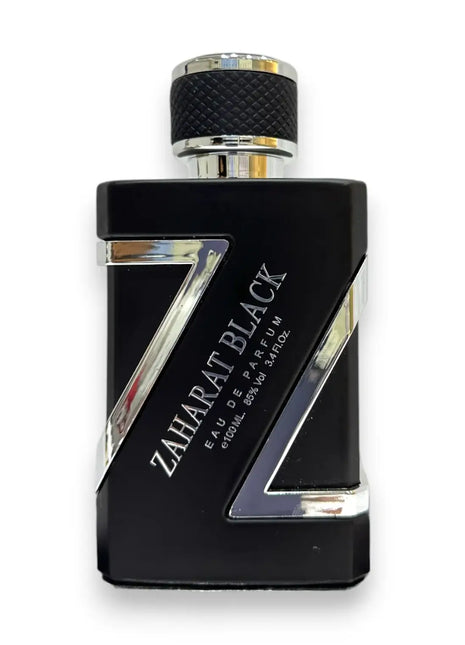 Zaharat Black Silver Eau De Parfum 100ml bottle showcasing its elegant design and sophisticated branding.