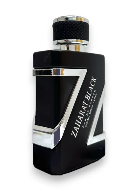 Zaharat Black Silver Eau De Parfum 100ml bottle design showcasing bold sophistication and elegance.