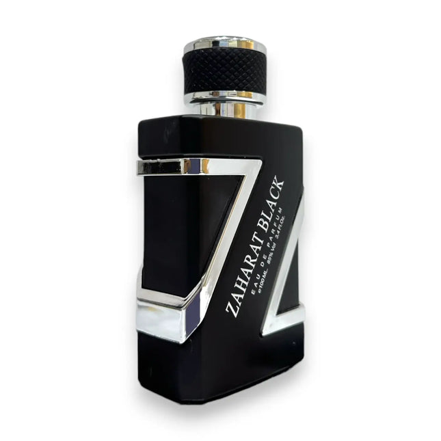 Zaharat Black Silver Eau De Parfum 100ml bottle design showcasing bold sophistication and elegance.